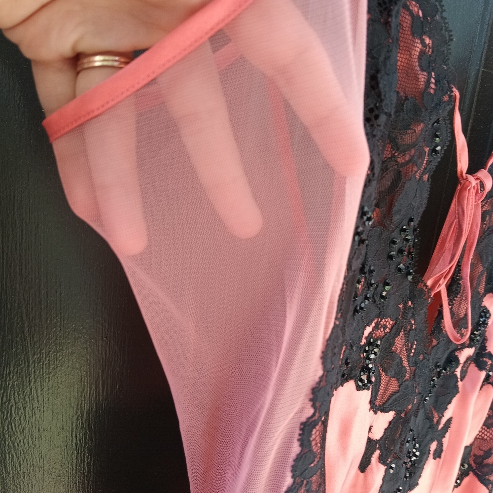 Jacalyn Bennett Fredericks of Hollywood Nightgown Lace 100% Silk Pink/Peach Blk - Picture 4 of 14